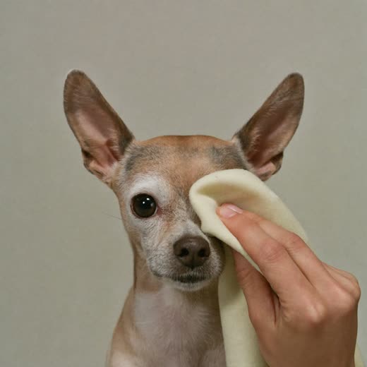 A small dog having its face, eyes and ears gently cleaned